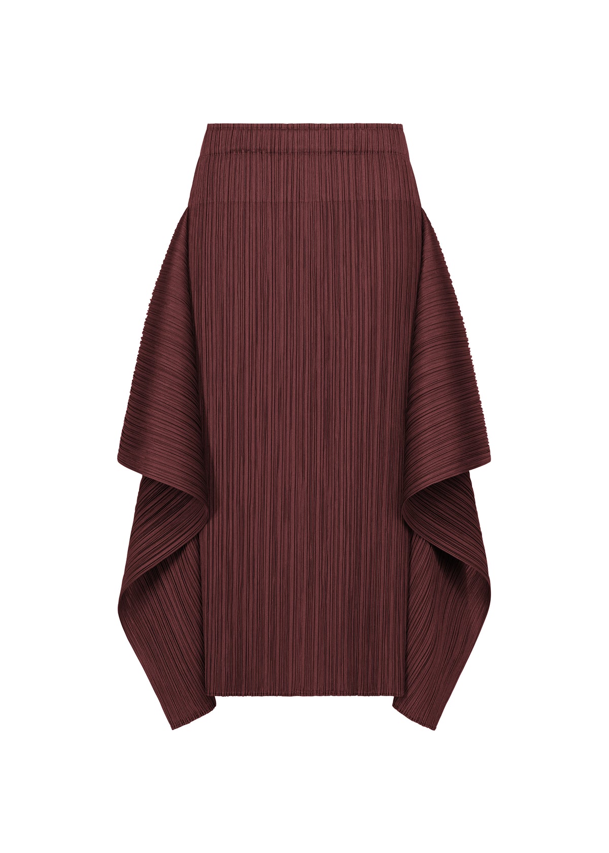 Zoomed view Introducing FLUTTER by PLEATS PLEASE ISSEY MIYAKE—a burgundy, high-waisted pleated skirt featuring a unique draped design on both sides for a sculptural, structured silhouette. Crafted from textured fabric, this skirt offers an elegant and modern look.