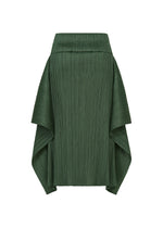 FLUTTER by PLEATS PLEASE ISSEY MIYAKE is a dark green pleated skirt with a high waist and draped, asymmetrical side panels that create a sculptural, layered effect. Crafted from textured fabric with vertical lines, this unique skirt features a structured silhouette for an elevated look.