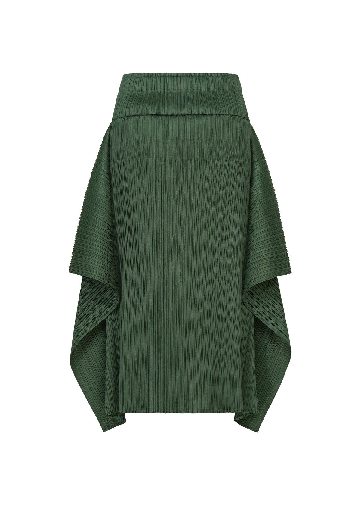 Zoomed view FLUTTER by PLEATS PLEASE ISSEY MIYAKE is a dark green pleated skirt with a high waist and draped, asymmetrical side panels that create a sculptural, layered effect. Crafted from textured fabric with vertical lines, this unique skirt features a structured silhouette for an elevated look.