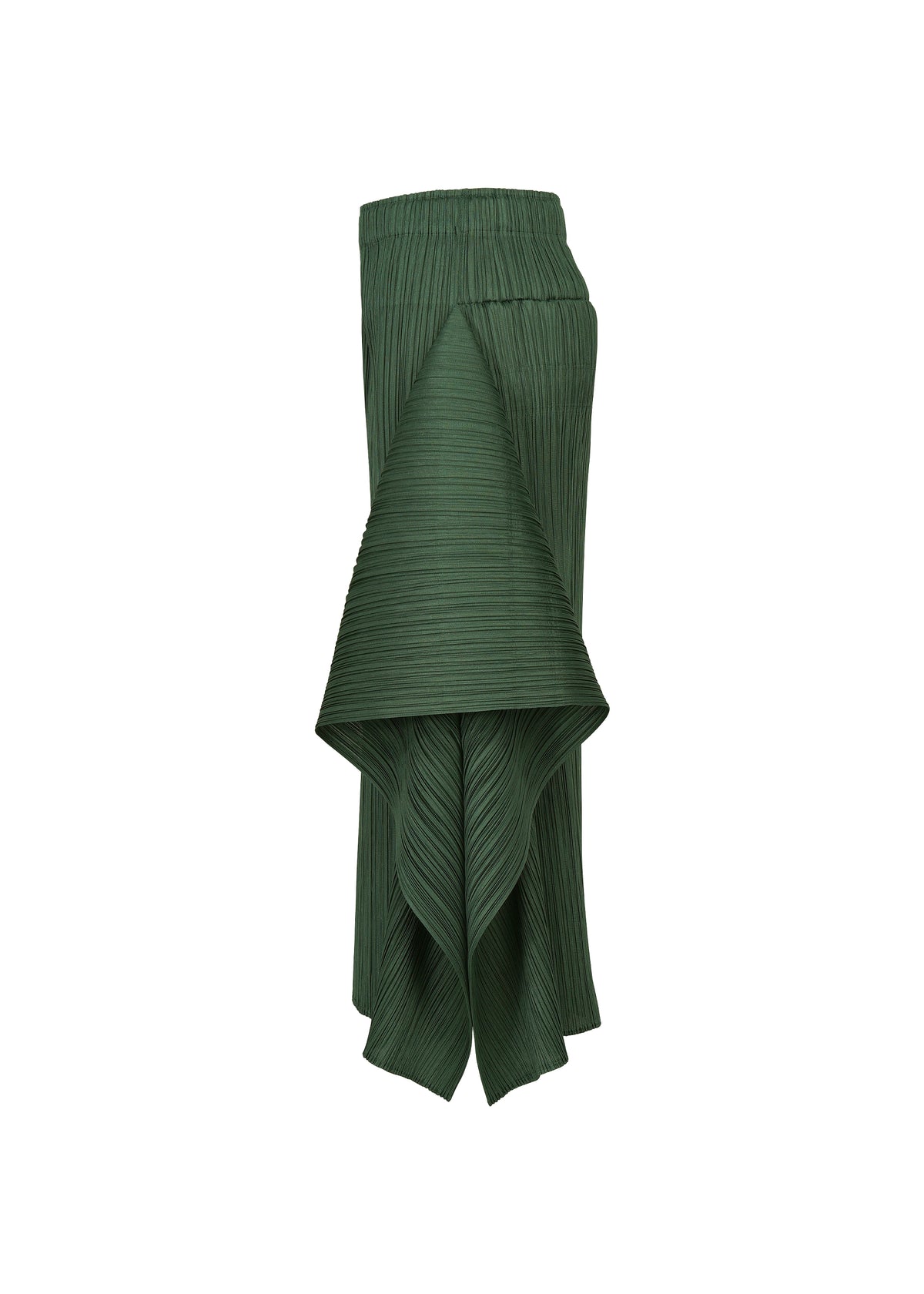 The FLUTTER skirt by PLEATS PLEASE ISSEY MIYAKE is a dark green, pleated quadrilateral design, featuring an asymmetric layered ruffle detail elegantly draped on the front and presented against a plain white background. view 4 of 9