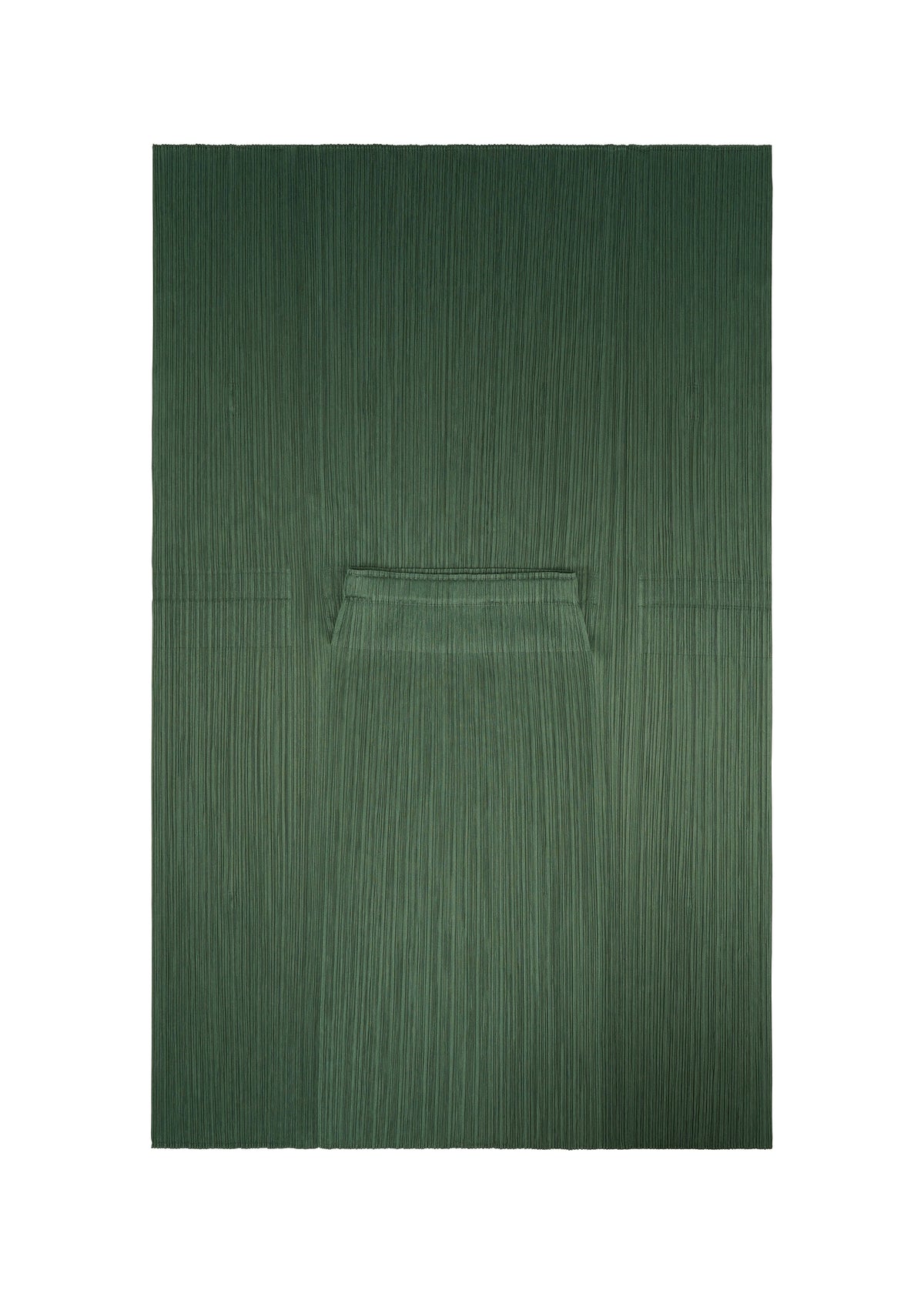 FLUTTER by PLEATS PLEASE ISSEY MIYAKE features a unique quadrilateral skirt in textured dark green, designed with vertical pleats and a central horizontal fold that create a subtle geometric pattern reminiscent of minimalist artwork on a white backdrop. view 5 of 9