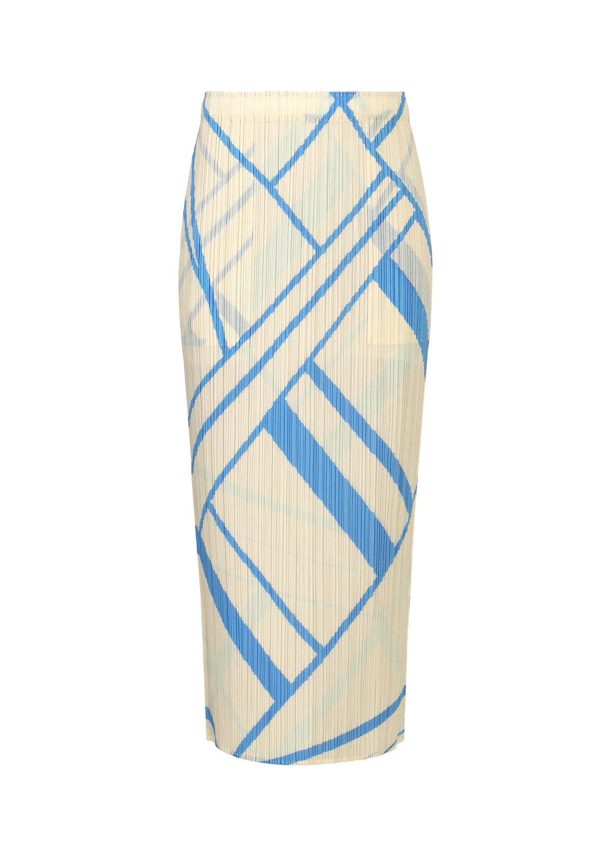 The FOLD LINE skirt by PLEATS PLEASE ISSEY MIYAKE is a white, knee-length piece with a minimalist design, featuring bold blue geometric stripes and a pleated texture. view 1 of 7