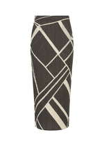 The FOLD LINE skirt from PLEATS PLEASE ISSEY MIYAKE is a knee-length, fitted straight skirt with a black base and abstract white geometric lines, featuring vertical pleats throughout and showcasing a distinctive minimalist design. - CHARCOAL （no.17）