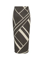 Introducing FOLD LINE by PLEATS PLEASE ISSEY MIYAKE: a knee-length, fitted straight skirt in black, featuring bold white geometric stripe patterns and vertical pleats. With its high waist and minimalist design enhanced by considered details, this modern piece is both striking and sophisticated.