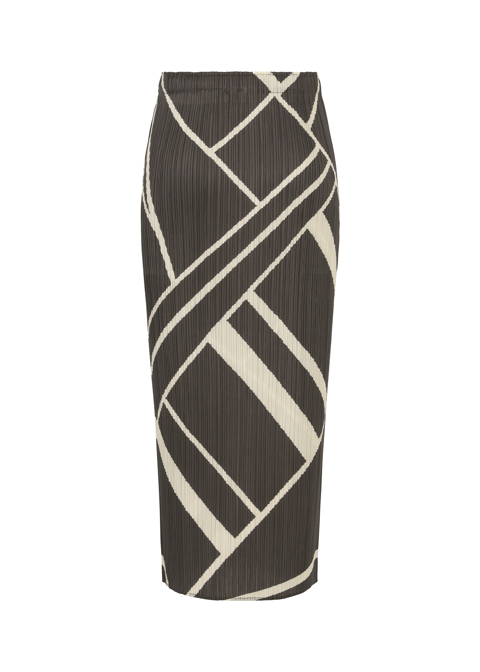 Zoomed view Introducing FOLD LINE by PLEATS PLEASE ISSEY MIYAKE: a knee-length, fitted straight skirt in black, featuring bold white geometric stripe patterns and vertical pleats. With its high waist and minimalist design enhanced by considered details, this modern piece is both striking and sophisticated.