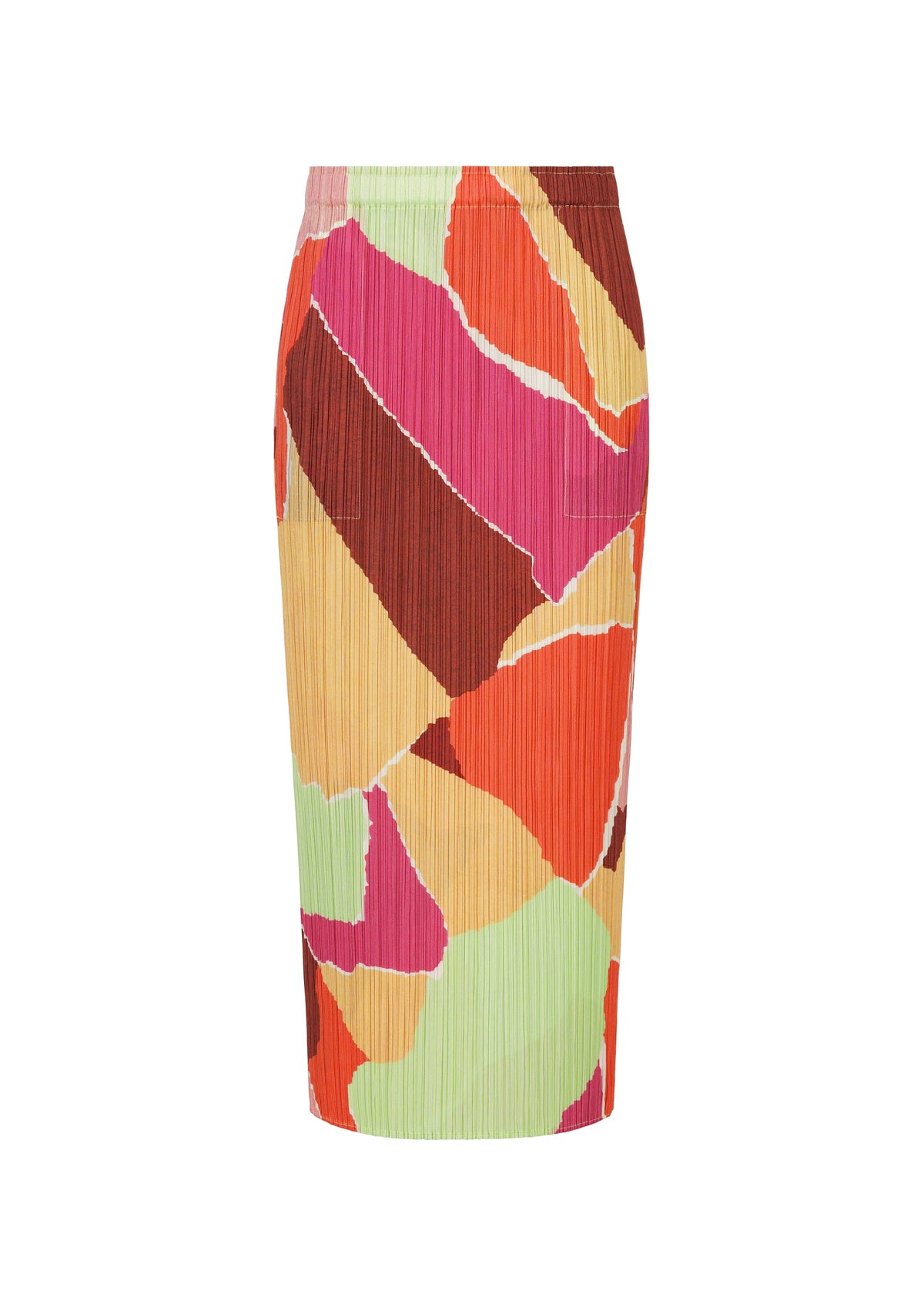 The SURPRISE! skirt by PLEATS PLEASE ISSEY MIYAKE is a knee-length, pleated design adorned with a striking, colorful pattern of abstract shapes in vibrant shades of red, pink, yellow, orange, and green. view 1 of 7