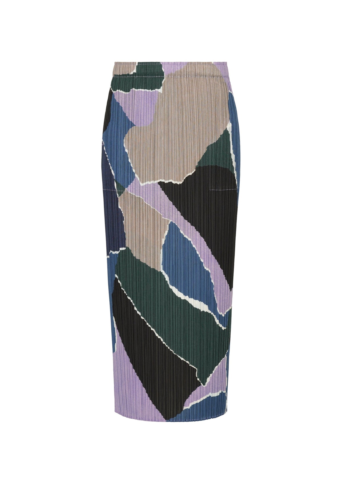 The SURPRISE! skirt by PLEATS PLEASE ISSEY MIYAKE is a knee-length, fitted straight skirt with a pleated texture, showcasing an abstract and colorful pattern in black, green, blue, beige, and purple. view 2 of 7