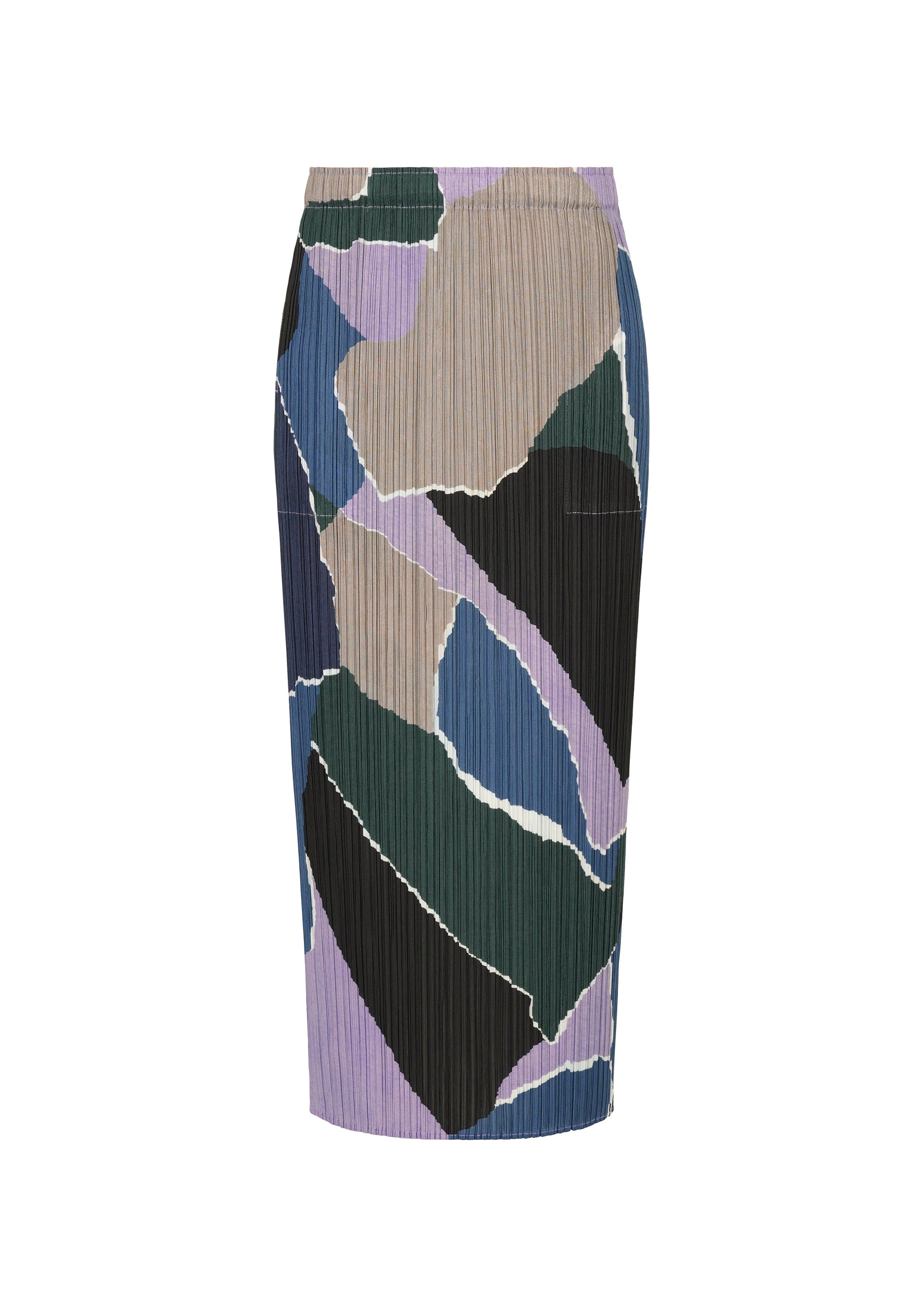 Zoomed view The SURPRISE! skirt by PLEATS PLEASE ISSEY MIYAKE is a knee-length, fitted straight skirt with a pleated texture, showcasing an abstract and colorful pattern in black, green, blue, beige, and purple. - PURPLE （no.81）