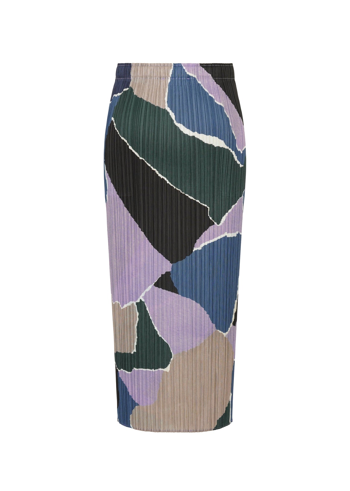 The SURPRISE! skirt by PLEATS PLEASE ISSEY MIYAKE is a knee-length, pleated piece featuring a vibrant pattern in black, purple, beige, blue, and green shades. Displayed on a white background, this design combines playful movement with the practicality of discreet pockets for added convenience. view 3 of 7