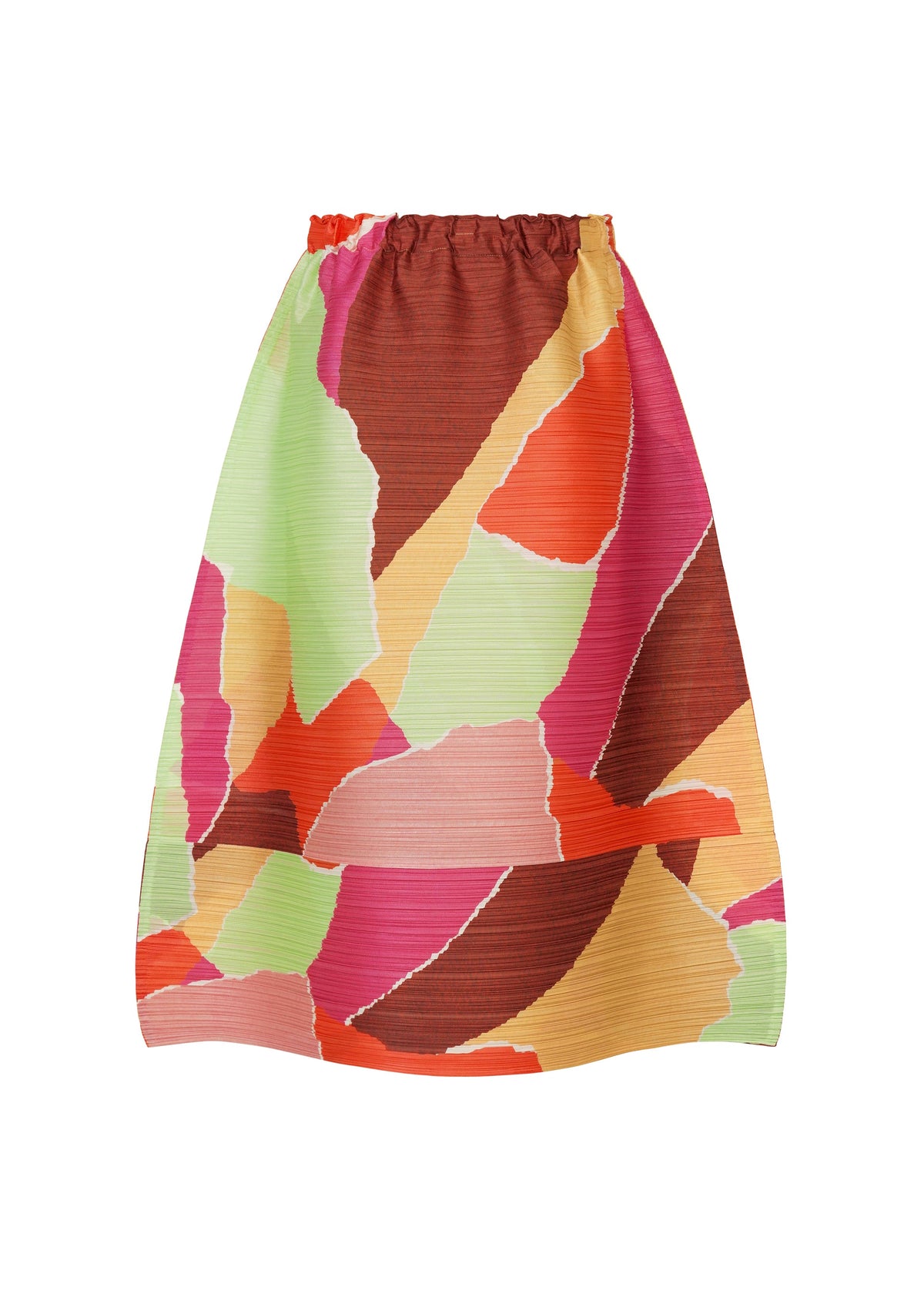 The SURPRISE! skirt by PLEATS PLEASE ISSEY MIYAKE is a knee-length pleated design with an elastic waistband, crafted from textured fabric and showcasing a vibrant abstract pattern in red, green, pink, orange, and yellow tones. This colorful skirt is made to stand out with its unique print and lively palette. view 3 of 7
