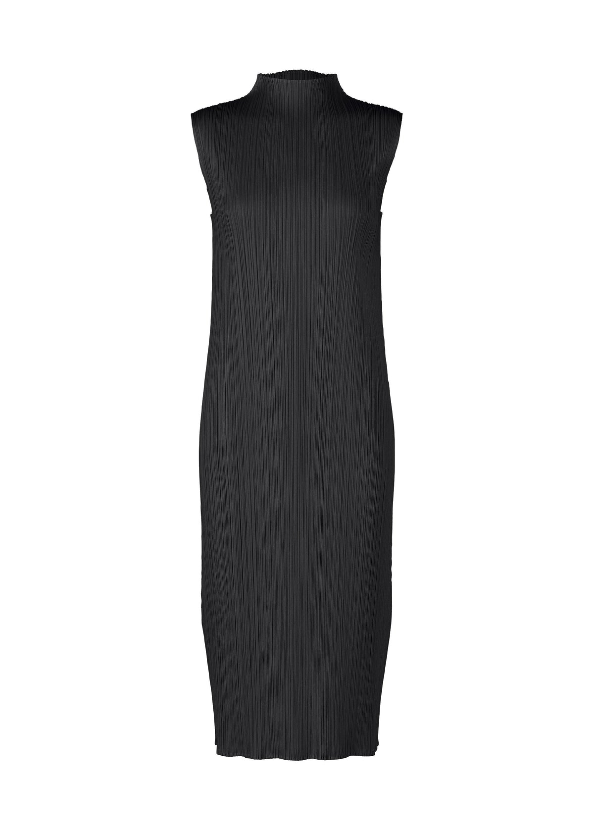 The MONTHLY COLORS : JULY dress by PLEATS PLEASE ISSEY MIYAKE is a sleeveless black high-neck design with vertical pleats, knee length, and a straight, relaxed fit without visible embellishments or fastenings. view 1 of 10