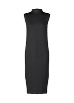 The MONTHLY COLORS : JULY dress by PLEATS PLEASE ISSEY MIYAKE is a sleeveless black high-neck design with vertical pleats, knee length, and a straight, relaxed fit without visible embellishments or fastenings. - BLACK （no.15）
