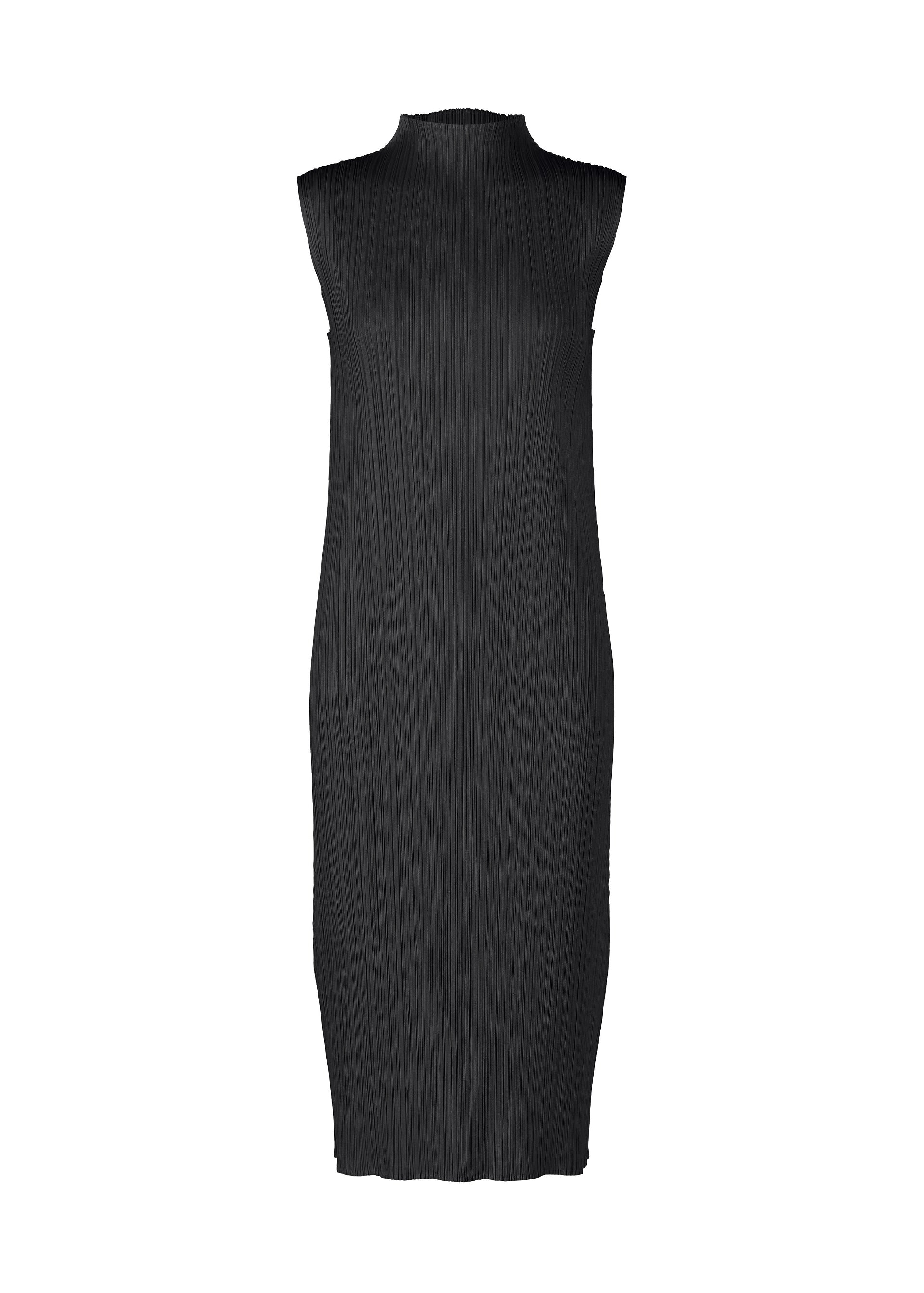 Zoomed view The MONTHLY COLORS : JULY dress by PLEATS PLEASE ISSEY MIYAKE is a sleeveless black high-neck design with vertical pleats, knee length, and a straight, relaxed fit without visible embellishments or fastenings. - BLACK （no.15）