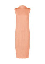 The MONTHLY COLORS : JULY by PLEATS PLEASE ISSEY MIYAKE is a sleeveless, knee-length peach high-neck dress in pleated, textured fabric. Its minimalist silhouette and vibrant hue offer a modern look with no embellishments, shown on a white background. - PALE ORANGE （no.30）