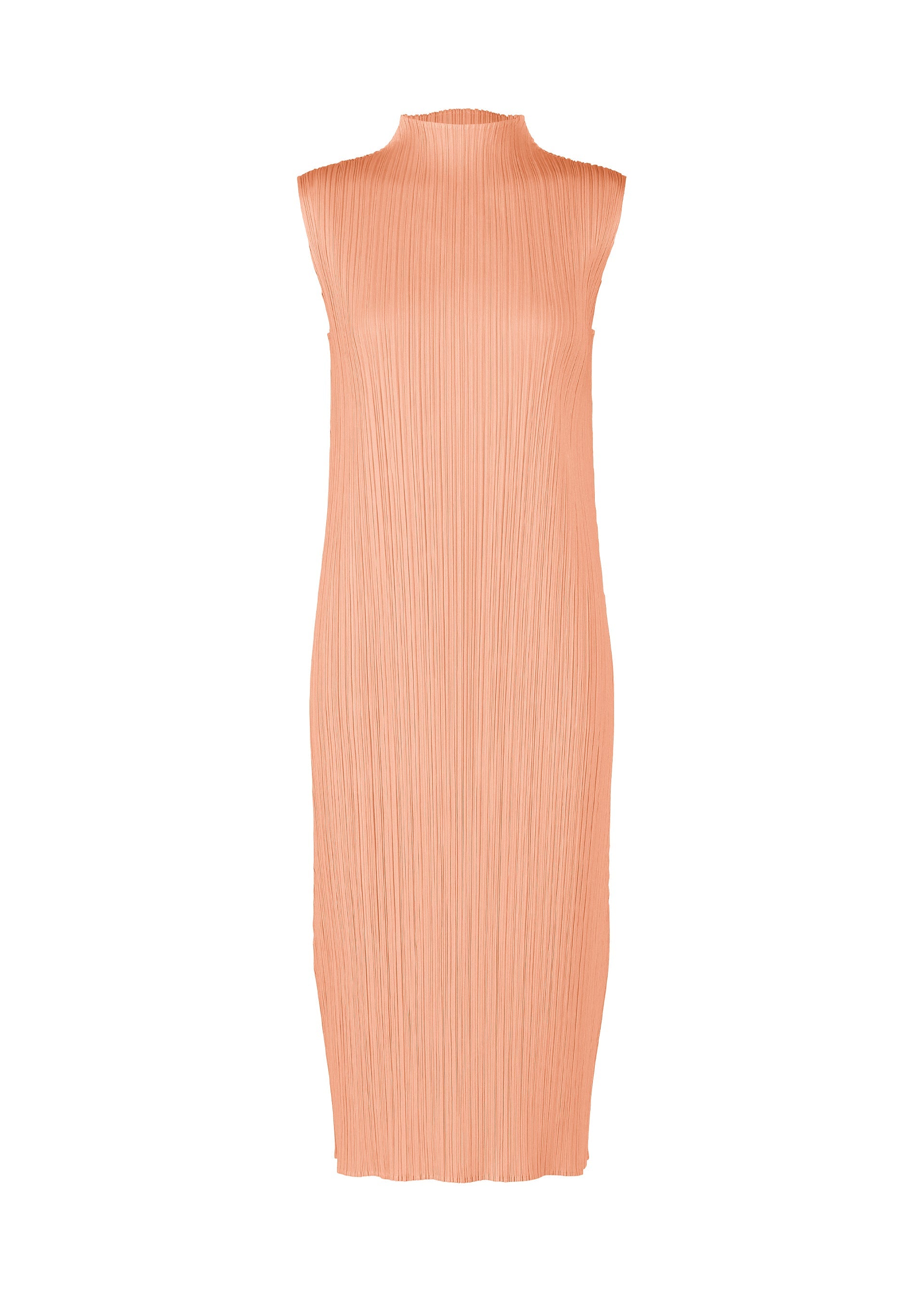 Zoomed view The MONTHLY COLORS : JULY by PLEATS PLEASE ISSEY MIYAKE is a sleeveless, knee-length peach high-neck dress in pleated, textured fabric. Its minimalist silhouette and vibrant hue offer a modern look with no embellishments, shown on a white background. - PALE ORANGE （no.30）