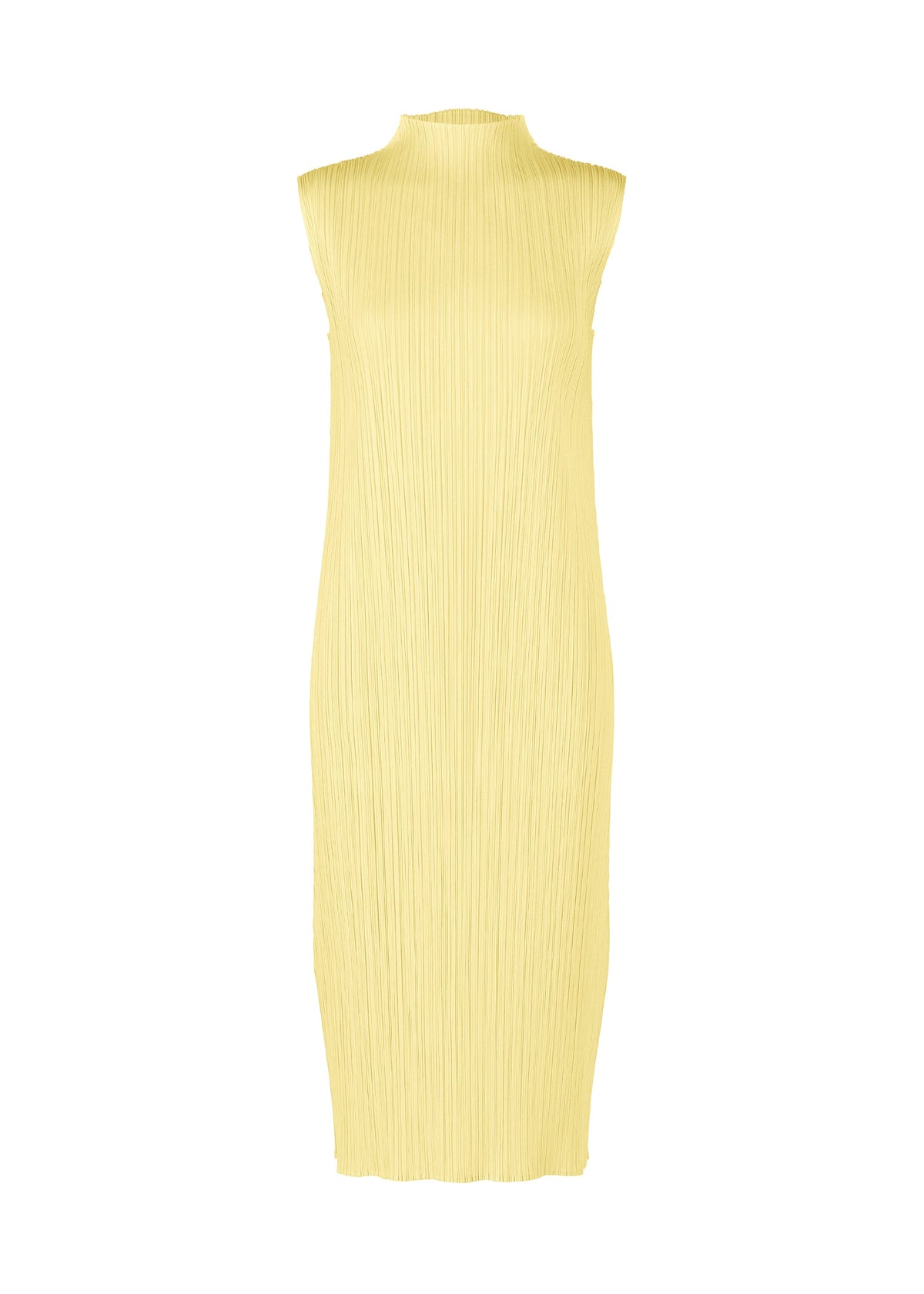 The MONTHLY COLORS : JULY dress by PLEATS PLEASE ISSEY MIYAKE is a sleeveless, knee-length, high-neck piece in a playful yellow pleated fabric, shown against a white background. view 3 of 10