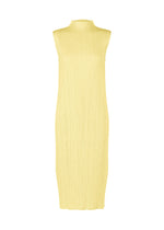 The MONTHLY COLORS : JULY dress by PLEATS PLEASE ISSEY MIYAKE is a sleeveless, knee-length, high-neck piece in a playful yellow pleated fabric, shown against a white background. - PALE YELLOW （no.50）