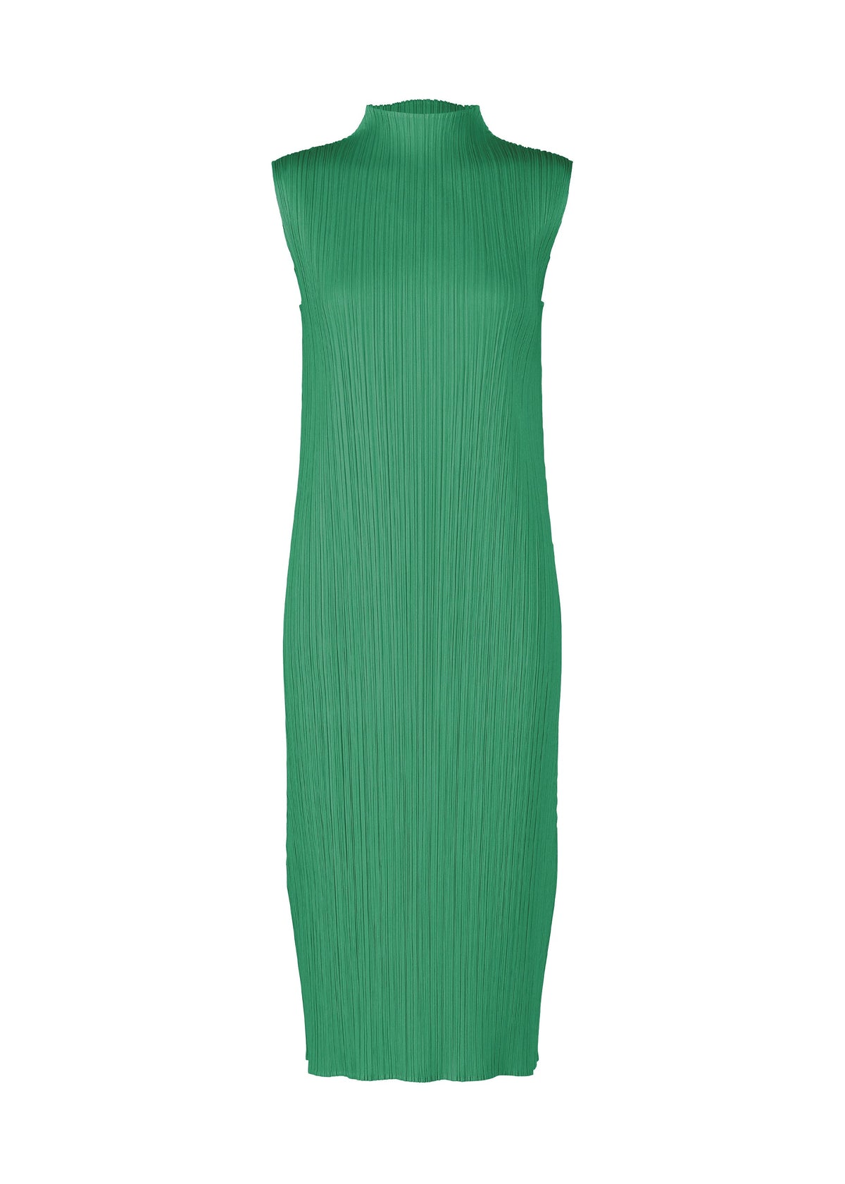 A sleeveless, knee-length green high-neck dress with vertical pleats from PLEATS PLEASE ISSEY MIYAKE’s MONTHLY COLORS : JULY collection, shown on a white background. view 4 of 10