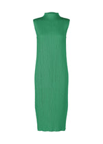 A sleeveless, knee-length green high-neck dress with vertical pleats from PLEATS PLEASE ISSEY MIYAKE’s MONTHLY COLORS : JULY collection, shown on a white background. - FRESH GREEN （no.67）