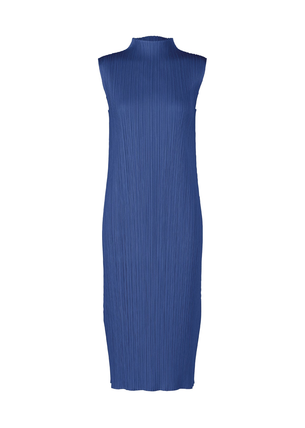 The MONTHLY COLORS : JULY dress by PLEATS PLEASE ISSEY MIYAKE is a sleeveless, knee-length blue high-neck piece with pleated texture, shown on a white background. view 5 of 10