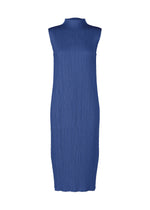 The MONTHLY COLORS : JULY dress by PLEATS PLEASE ISSEY MIYAKE is a sleeveless, knee-length blue high-neck piece with pleated texture, shown on a white background. - BLUE （no.72）