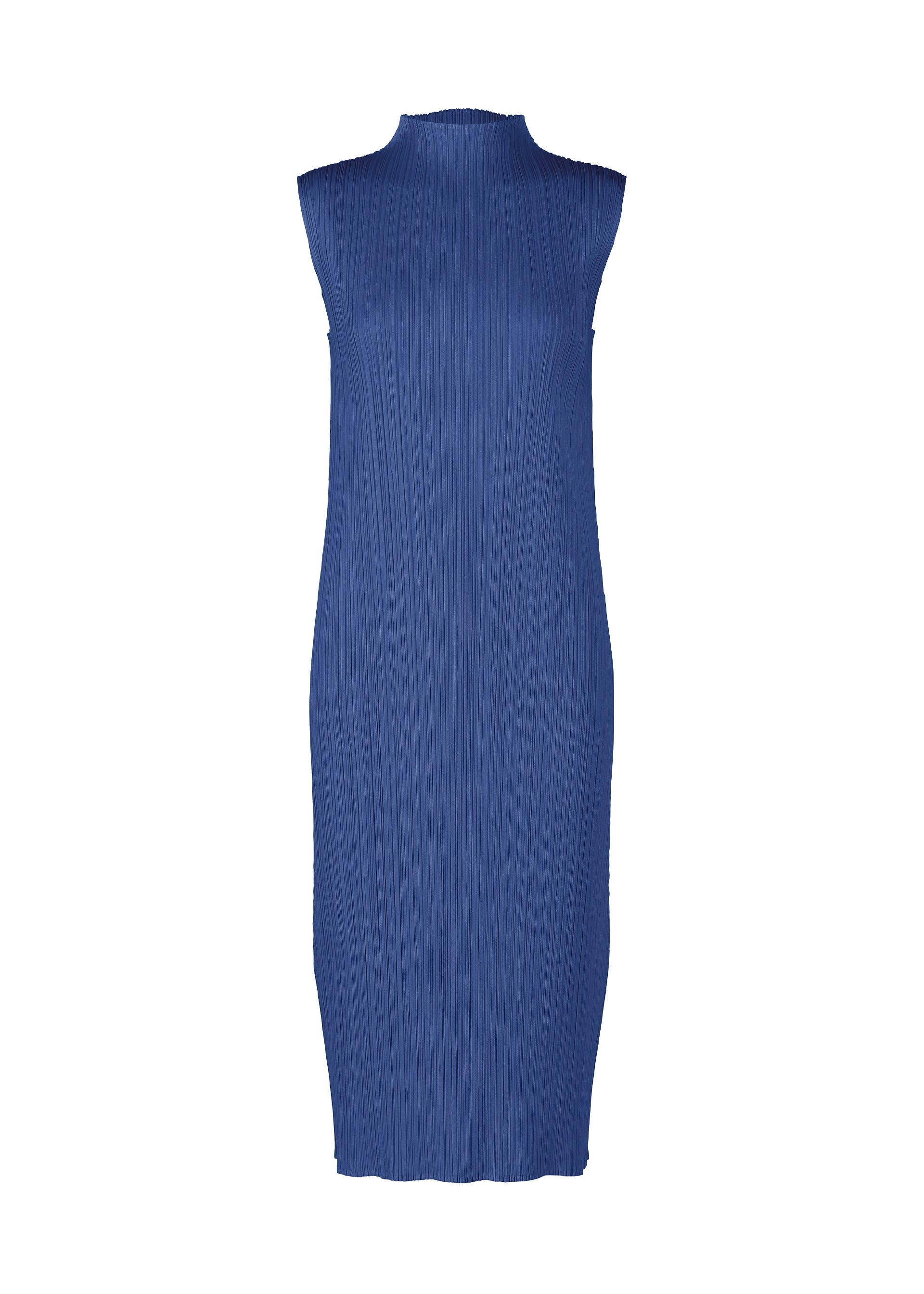 Zoomed view The MONTHLY COLORS : JULY dress by PLEATS PLEASE ISSEY MIYAKE is a sleeveless, knee-length blue high-neck piece with pleated texture, shown on a white background. - BLUE （no.72）