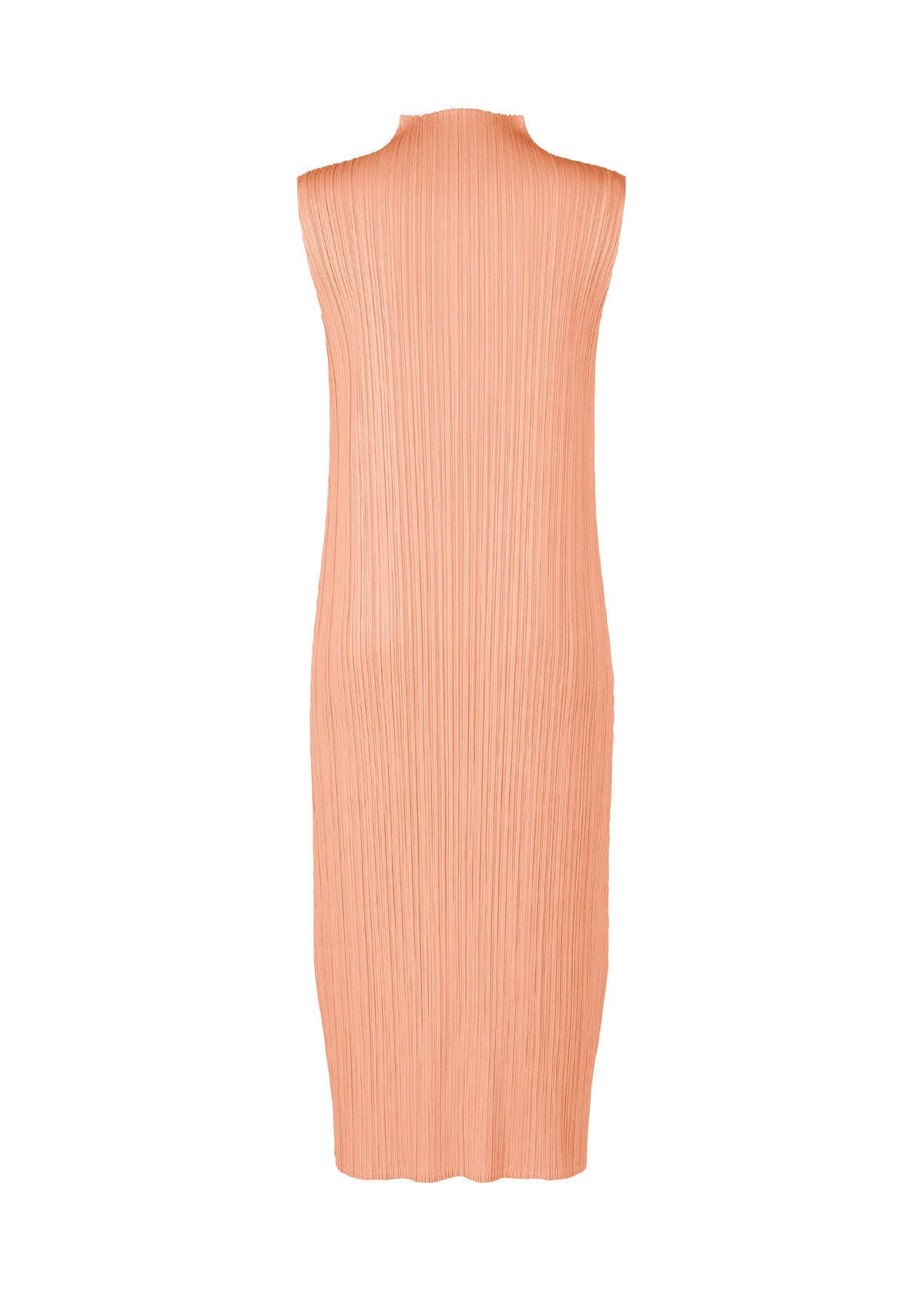 Sleeveless, knee-length high-neck dress in light peach with vertical pleats from the MONTHLY COLORS : JULY collection by PLEATS PLEASE ISSEY MIYAKE—a graceful pick for those who love vibrant hues. Displayed against a plain white background. view 6 of 10