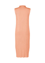 Sleeveless, knee-length high-neck dress in light peach with vertical pleats from the MONTHLY COLORS : JULY collection by PLEATS PLEASE ISSEY MIYAKE—a graceful pick for those who love vibrant hues. Displayed against a plain white background.