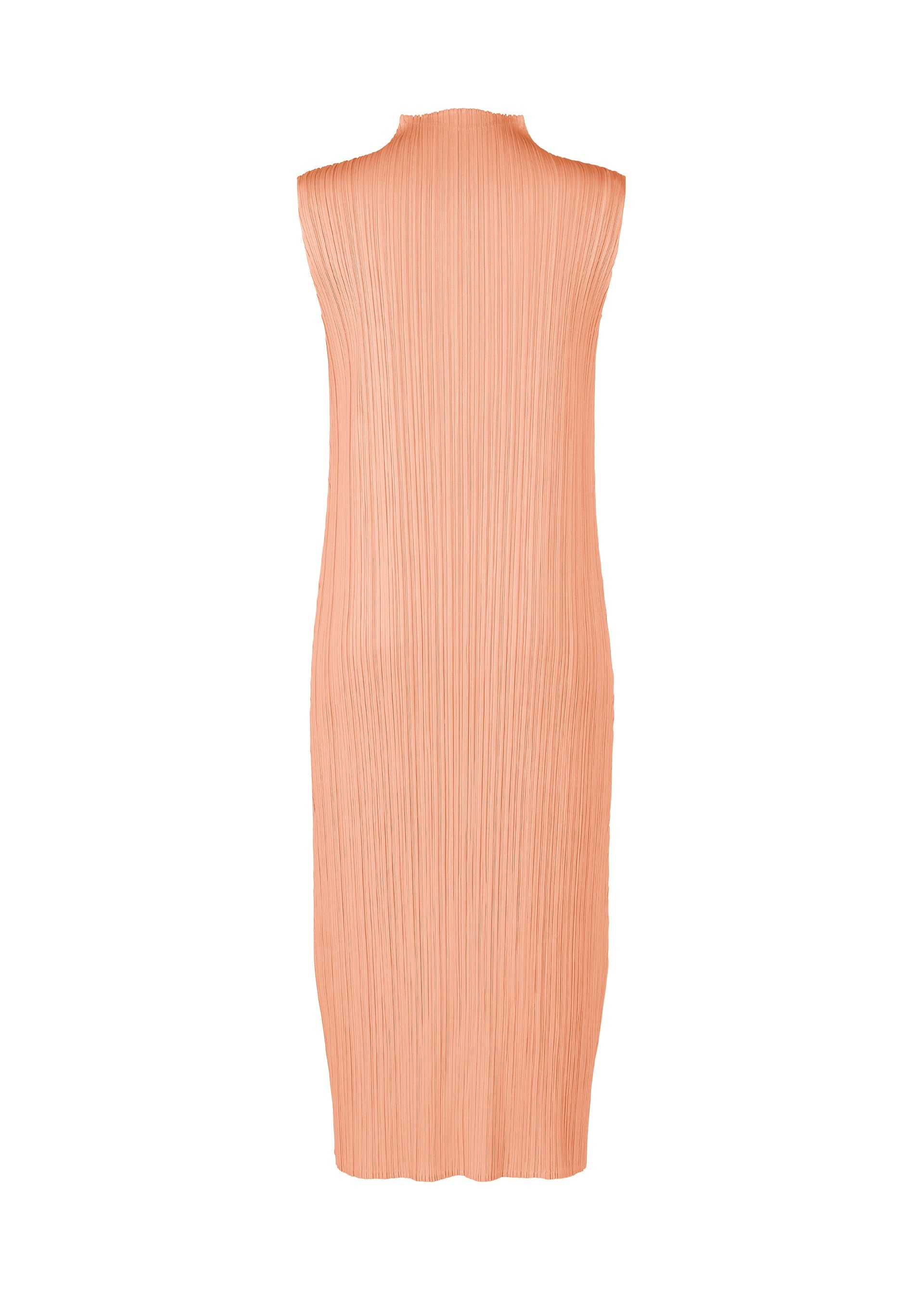 Zoomed view Sleeveless, knee-length high-neck dress in light peach with vertical pleats from the MONTHLY COLORS : JULY collection by PLEATS PLEASE ISSEY MIYAKE—a graceful pick for those who love vibrant hues. Displayed against a plain white background.