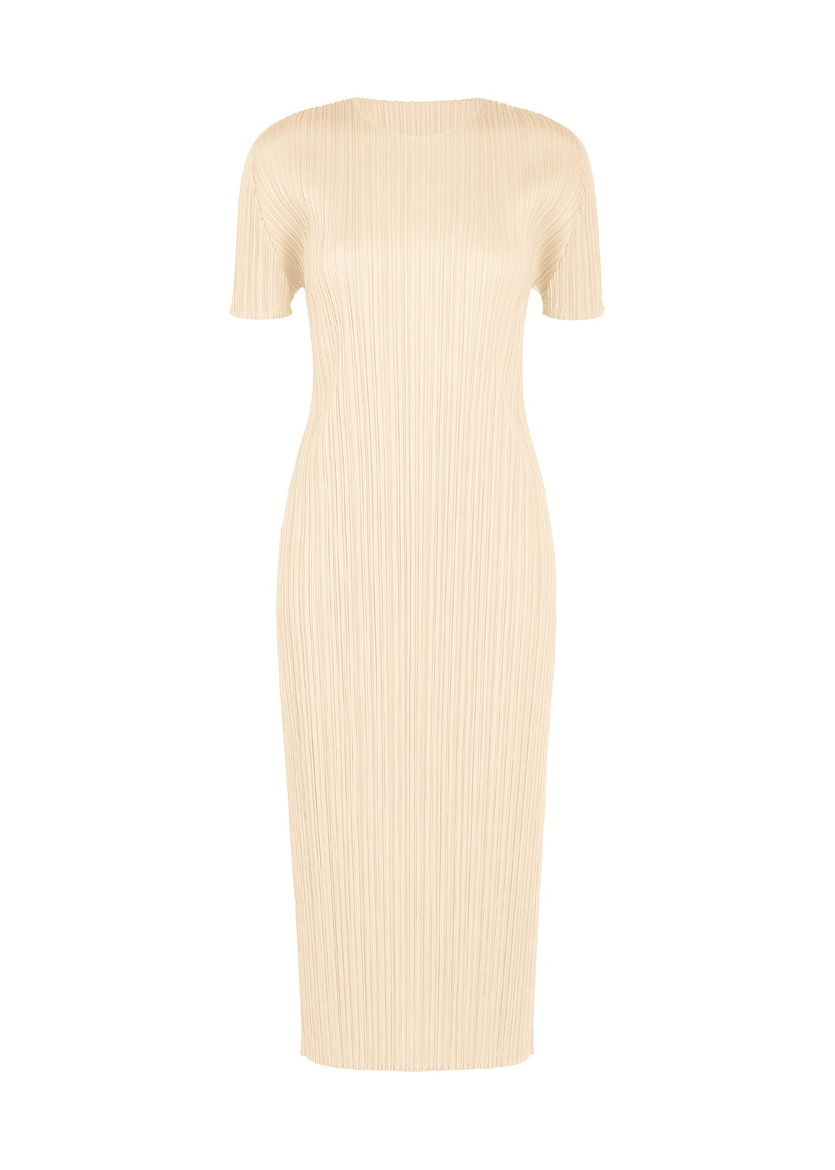 The MONTHLY COLORS : AUGUST dress by PLEATS PLEASE ISSEY MIYAKE is a beige, knee-length summer dress featuring short sleeves, a slim fit, ribbed texture, and a round neckline, shown against a white background. view 1 of 10