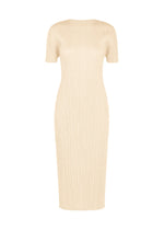 The MONTHLY COLORS : AUGUST dress by PLEATS PLEASE ISSEY MIYAKE is a beige, knee-length summer dress featuring short sleeves, a slim fit, ribbed texture, and a round neckline, shown against a white background. - OFF WHITE （no.02）