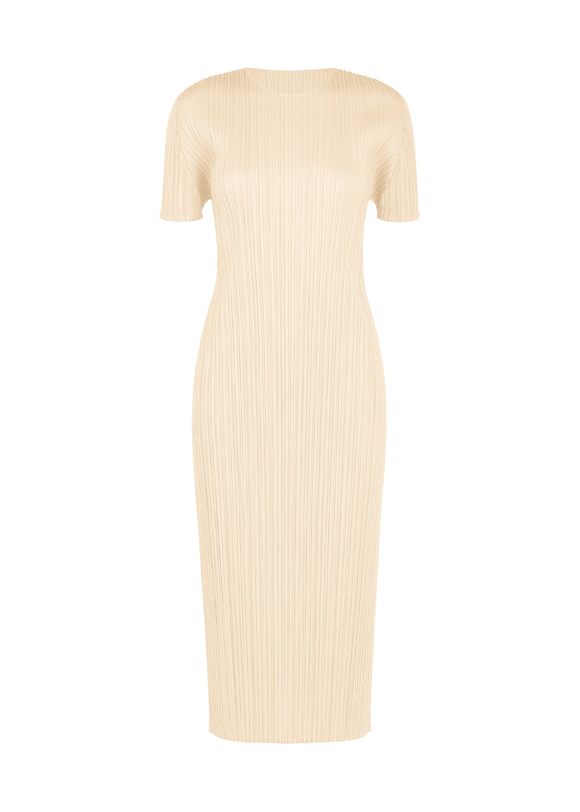 Zoomed view The MONTHLY COLORS : AUGUST dress by PLEATS PLEASE ISSEY MIYAKE is a beige, knee-length summer dress featuring short sleeves, a slim fit, ribbed texture, and a round neckline, shown against a white background. - OFF WHITE （no.02）