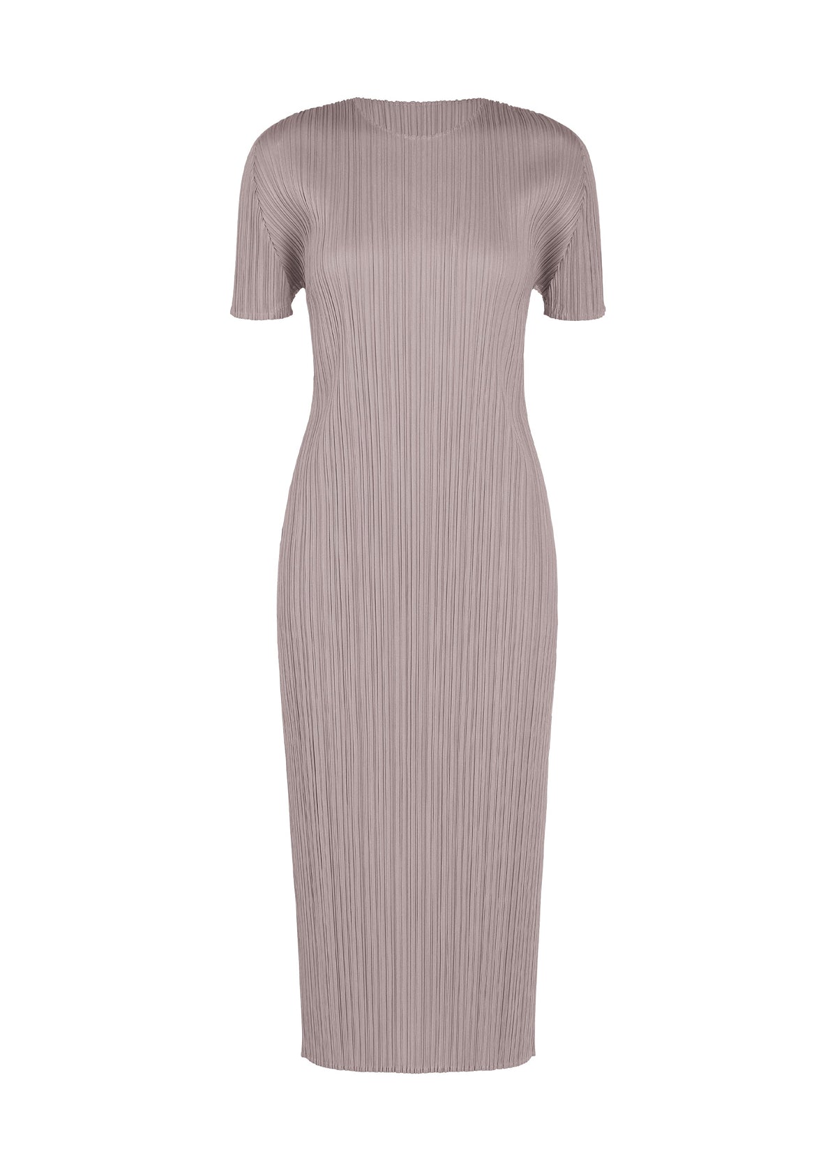 The MONTHLY COLORS : AUGUST dress by PLEATS PLEASE ISSEY MIYAKE is a taupe, short-sleeve, midi-length summer dress featuring a fitted silhouette and vertical pleated texture. This round-neck design offers a simple neckline with no visible embellishments. view 2 of 10