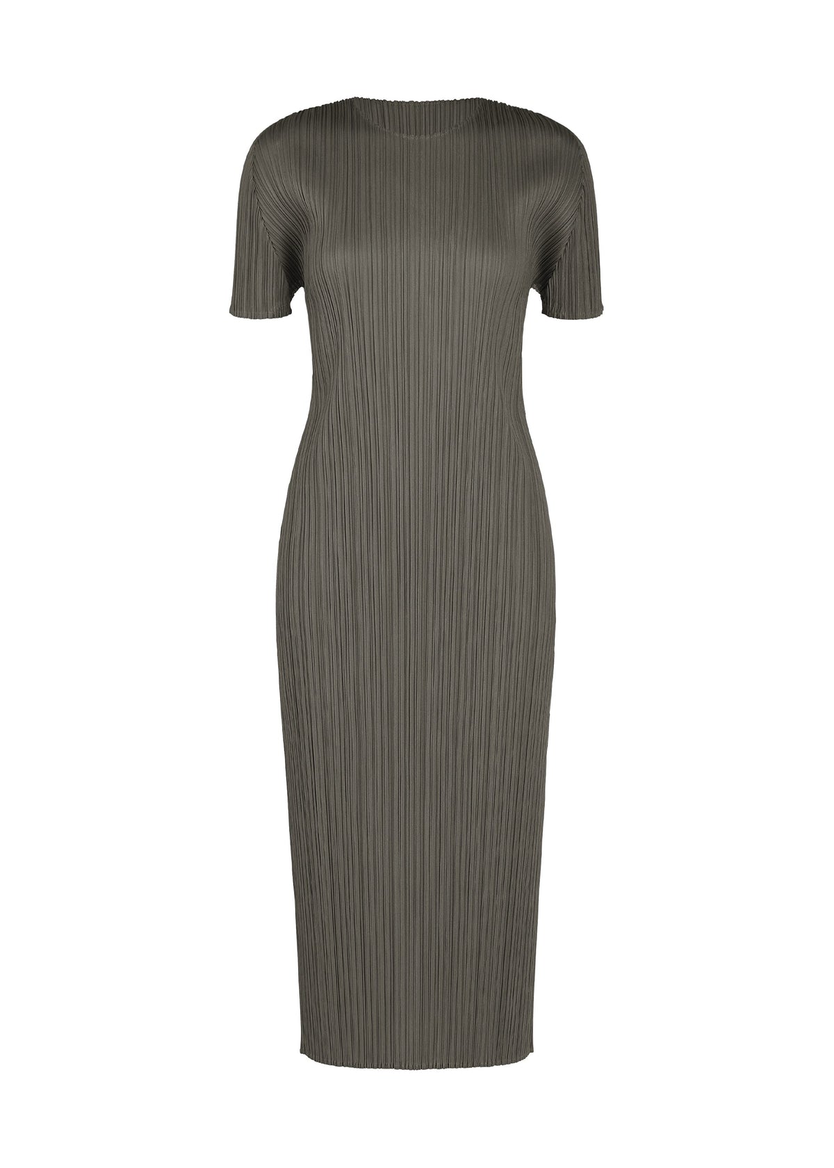The MONTHLY COLORS : AUGUST dress by PLEATS PLEASE ISSEY MIYAKE is an olive green, knee-length summer piece with a round neck, form-fitting silhouette, vertical pleated texture, and short sleeves for effortless style. view 3 of 10