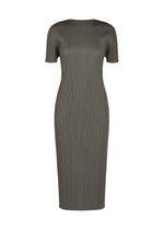 The MONTHLY COLORS : AUGUST dress by PLEATS PLEASE ISSEY MIYAKE is an olive green, knee-length summer piece with a round neck, form-fitting silhouette, vertical pleated texture, and short sleeves for effortless style. - CHARCOAL （no.17）