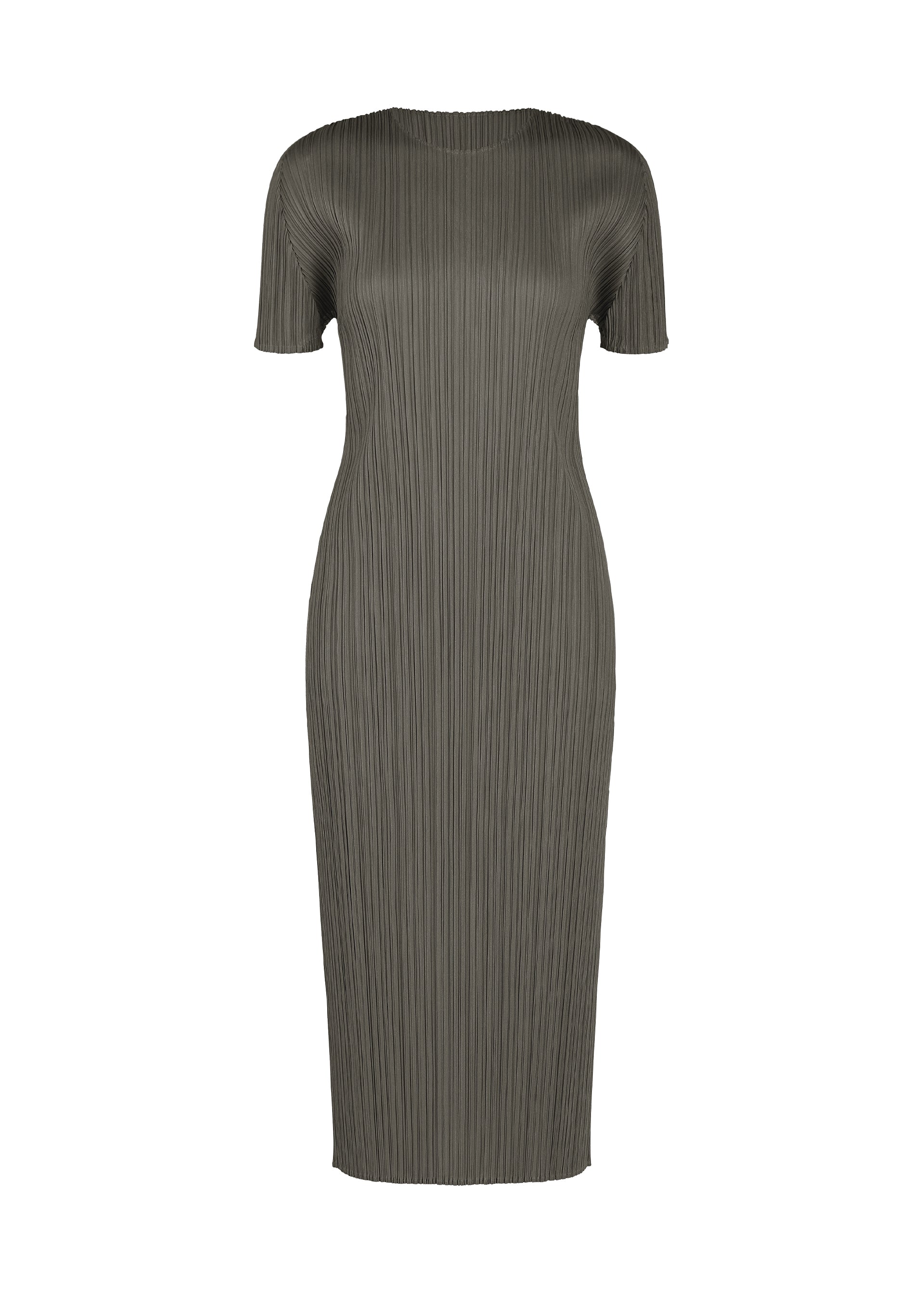 Zoomed view The MONTHLY COLORS : AUGUST dress by PLEATS PLEASE ISSEY MIYAKE is an olive green, knee-length summer piece with a round neck, form-fitting silhouette, vertical pleated texture, and short sleeves for effortless style. - CHARCOAL （no.17）