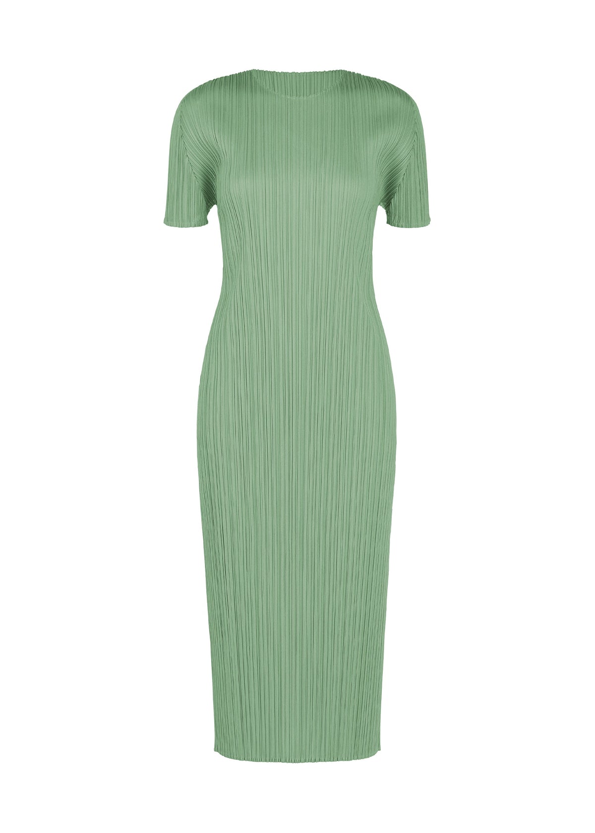 A light green, knee-length summer dress from PLEATS PLEASE ISSEY MIYAKE’s MONTHLY COLORS : AUGUST collection, featuring short sleeves, a round neckline, a fitted silhouette, and a signature vertical pleated texture. view 4 of 10