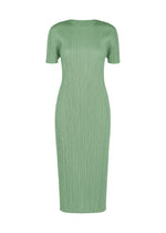 A light green, knee-length summer dress from PLEATS PLEASE ISSEY MIYAKE’s MONTHLY COLORS : AUGUST collection, featuring short sleeves, a round neckline, a fitted silhouette, and a signature vertical pleated texture. - GRAYISH GREEN （no.61）