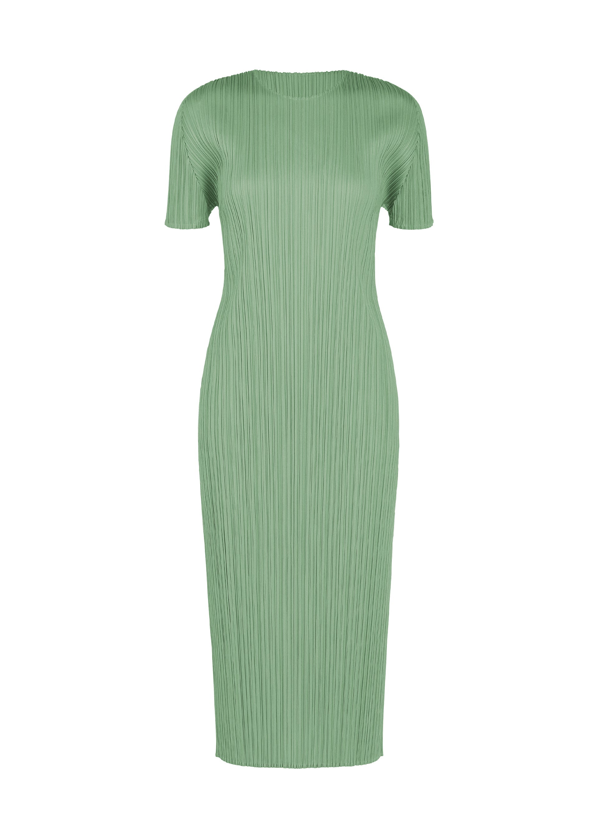 Zoomed view A light green, knee-length summer dress from PLEATS PLEASE ISSEY MIYAKE’s MONTHLY COLORS : AUGUST collection, featuring short sleeves, a round neckline, a fitted silhouette, and a signature vertical pleated texture. - GRAYISH GREEN （no.61）