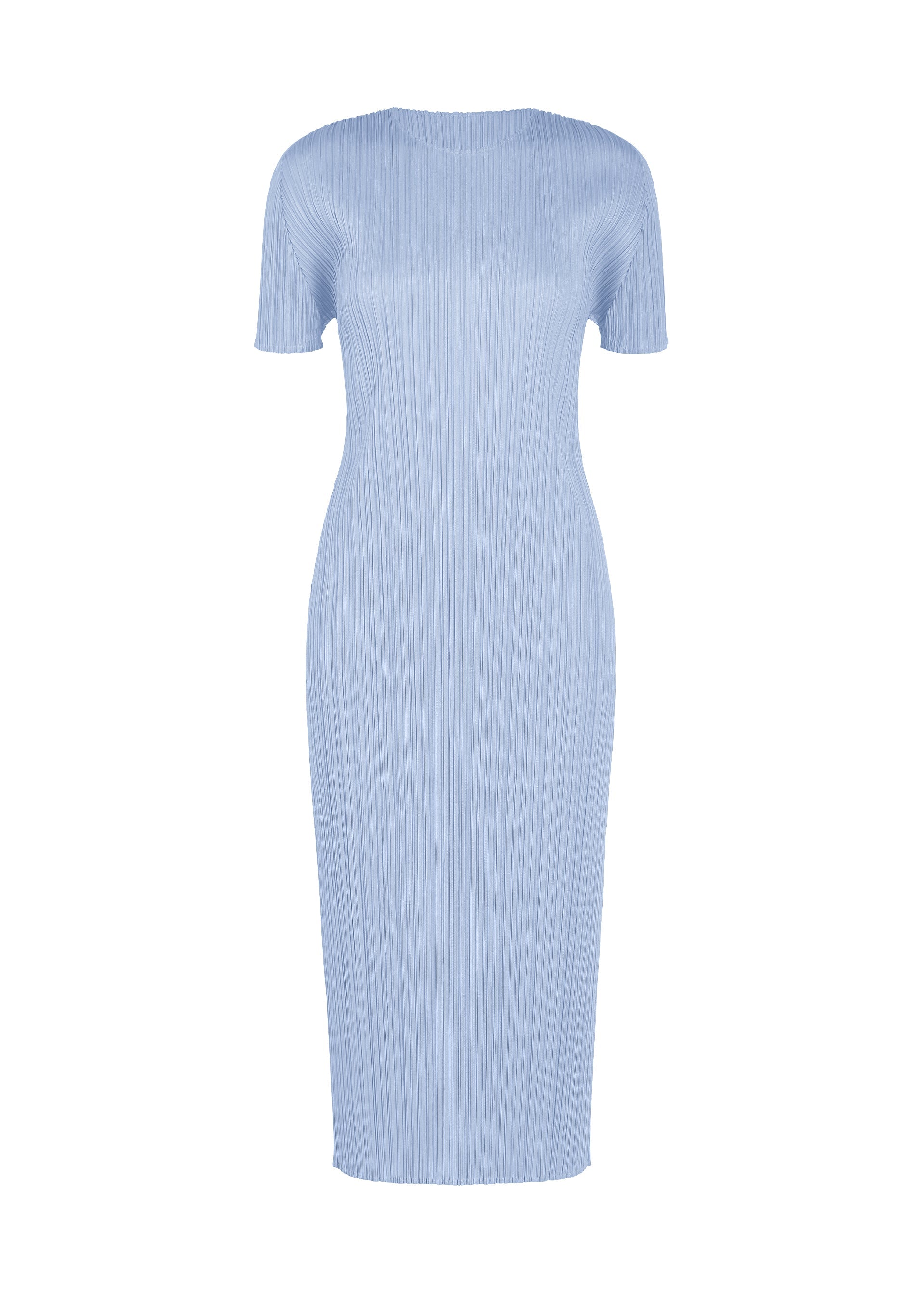 Zoomed view The MONTHLY COLORS : AUGUST dress by PLEATS PLEASE ISSEY MIYAKE is a light blue, ribbed midi dress with short sleeves, a fitted silhouette, high neckline, and vertical pleat texture, shown against a plain white background. - LIGHT BLUE （no.70）