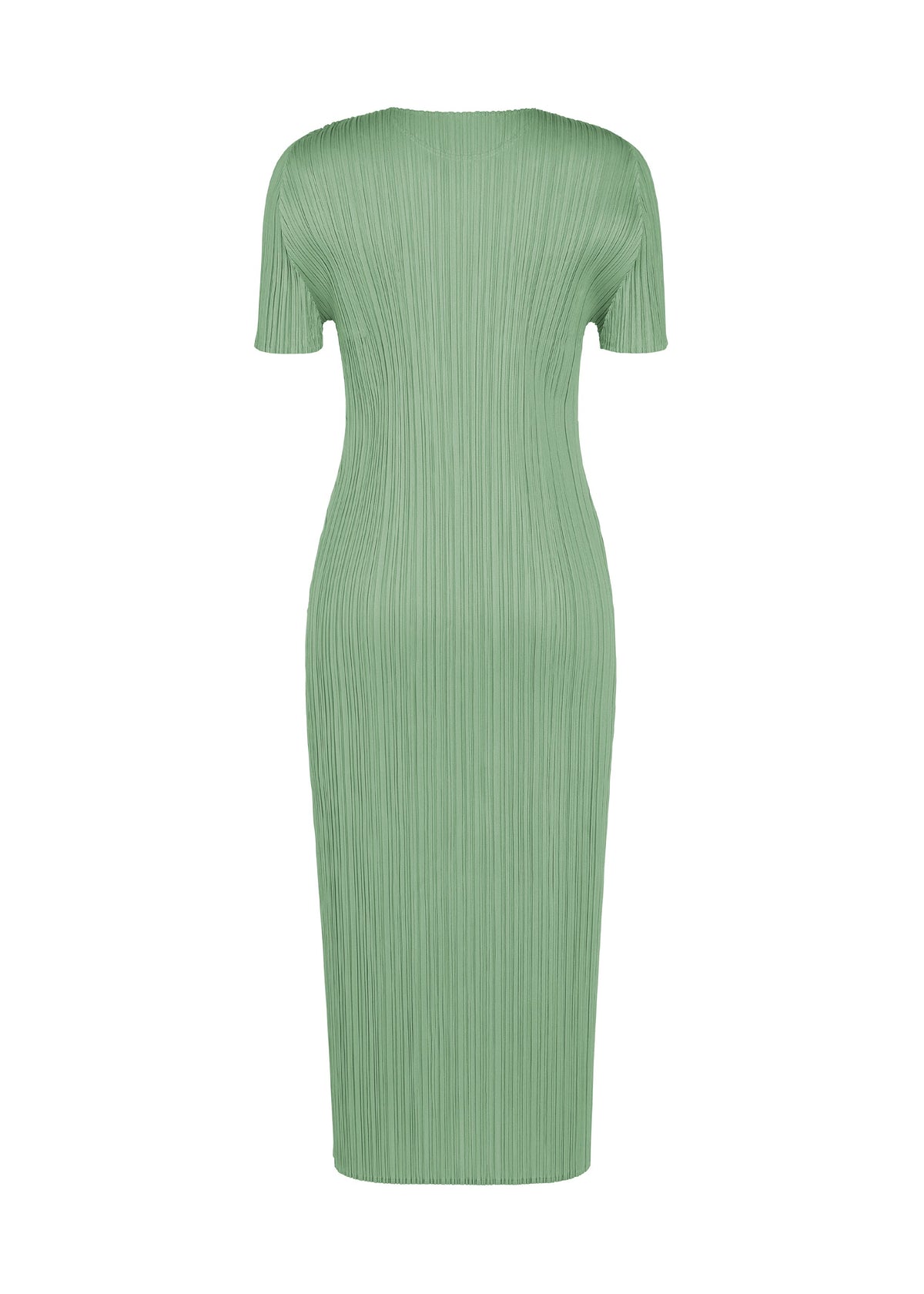 The “MONTHLY COLORS : AUGUST” dress by PLEATS PLEASE ISSEY MIYAKE is shown from the back, featuring a light green hue, short sleeves, a ribbed texture, knee-length cut, and a fitted silhouette with a simple design. view 6 of 10
