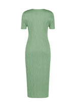 The “MONTHLY COLORS : AUGUST” dress by PLEATS PLEASE ISSEY MIYAKE is shown from the back, featuring a light green hue, short sleeves, a ribbed texture, knee-length cut, and a fitted silhouette with a simple design.