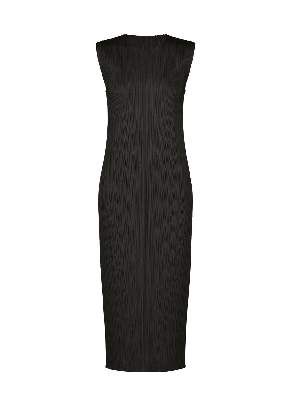 Sleeveless, black, ankle-length round-neck dress with a straight silhouette and fine vertical pleats from the MONTHLY COLORS : SEPTEMBER collection by PLEATS PLEASE ISSEY MIYAKE, displayed against a white background—perfect for embracing gentle tones through changing seasons. view 1 of 10