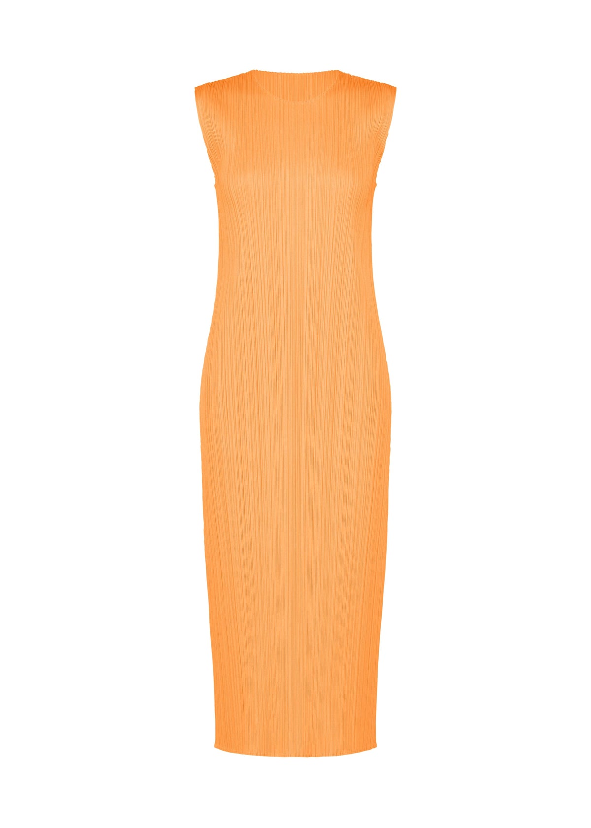 The MONTHLY COLORS : SEPTEMBER dress by PLEATS PLEASE ISSEY MIYAKE is a sleeveless, calf-length piece in gentle orange tones, featuring a round high neckline and signature pleated texture. Showcasing a straight, slim fit with no visible fastenings or embellishments, it’s perfectly suited for changing seasons. view 2 of 10