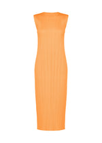 The MONTHLY COLORS : SEPTEMBER dress by PLEATS PLEASE ISSEY MIYAKE is a sleeveless, calf-length piece in gentle orange tones, featuring a round high neckline and signature pleated texture. Showcasing a straight, slim fit with no visible fastenings or embellishments, it’s perfectly suited for changing seasons. - NEON ORANGE （no.31）