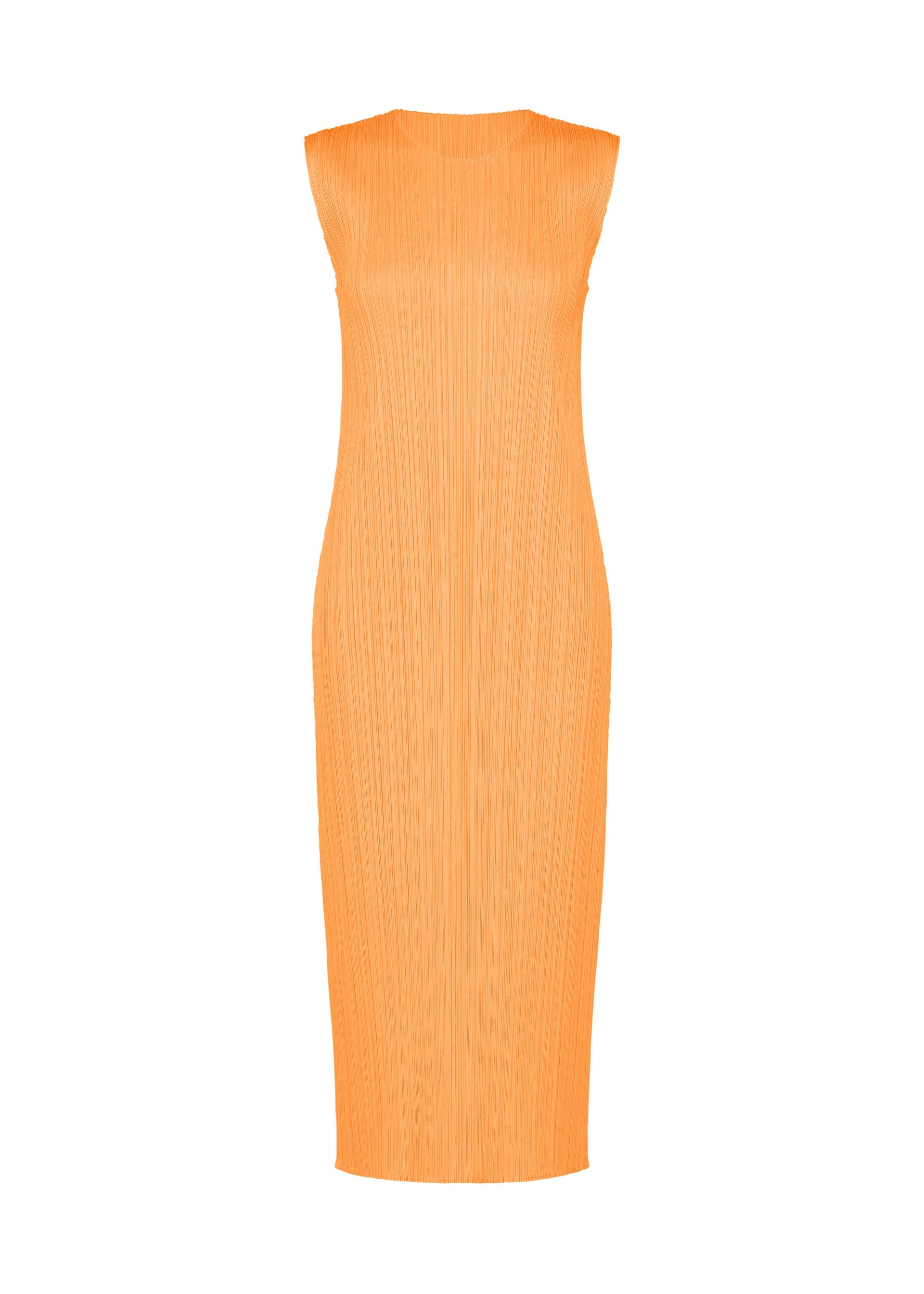 Zoomed view The MONTHLY COLORS : SEPTEMBER dress by PLEATS PLEASE ISSEY MIYAKE is a sleeveless, calf-length piece in gentle orange tones, featuring a round high neckline and signature pleated texture. Showcasing a straight, slim fit with no visible fastenings or embellishments, it’s perfectly suited for changing seasons. - NEON ORANGE （no.31）