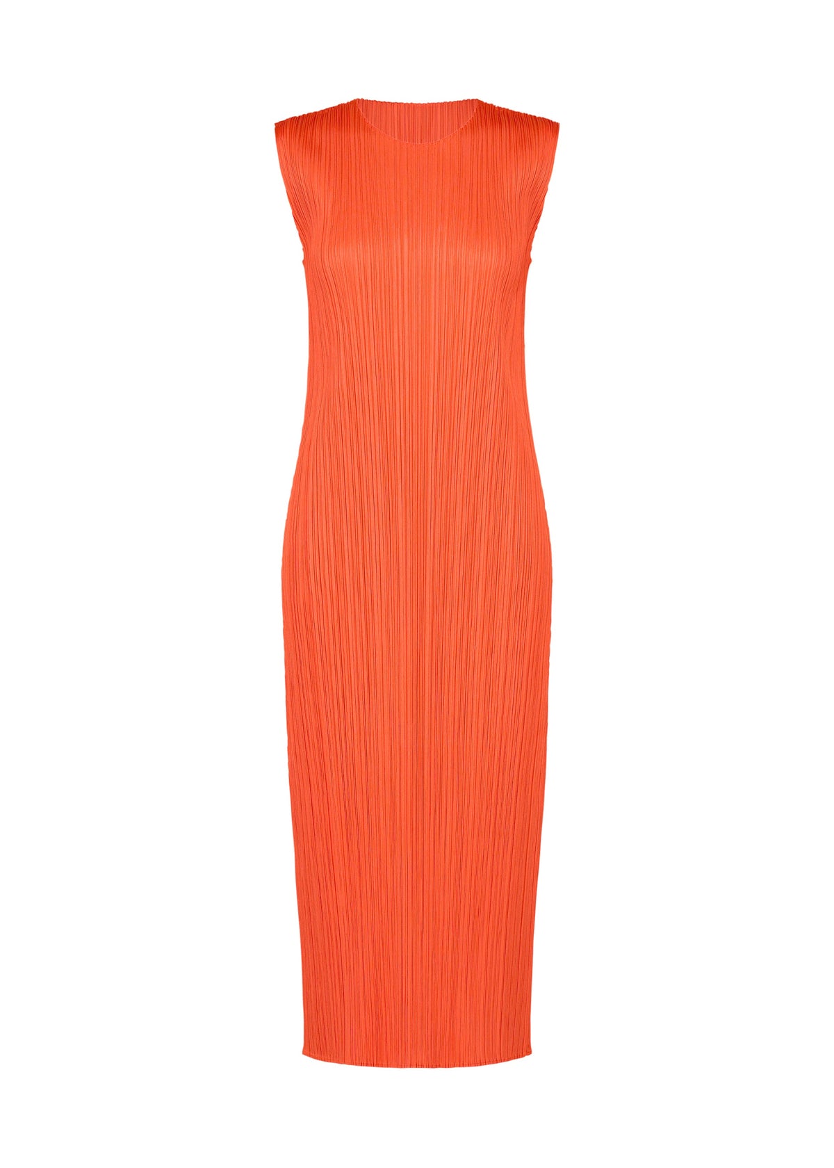 The MONTHLY COLORS : SEPTEMBER dress by PLEATS PLEASE ISSEY MIYAKE is a sleeveless, calf-length piece in a vibrant orange shade. Featuring a round, high neckline and vertical pleats throughout the entire fabric, this dress offers a slim, fitted silhouette with no visible embellishments or fastenings—making it an ideal choice for embracing gentle tones as you move through the changing seasons. view 3 of 10