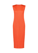 The MONTHLY COLORS : SEPTEMBER dress by PLEATS PLEASE ISSEY MIYAKE is a sleeveless, calf-length piece in a vibrant orange shade. Featuring a round, high neckline and vertical pleats throughout the entire fabric, this dress offers a slim, fitted silhouette with no visible embellishments or fastenings—making it an ideal choice for embracing gentle tones as you move through the changing seasons. - ORANGE （no.32）