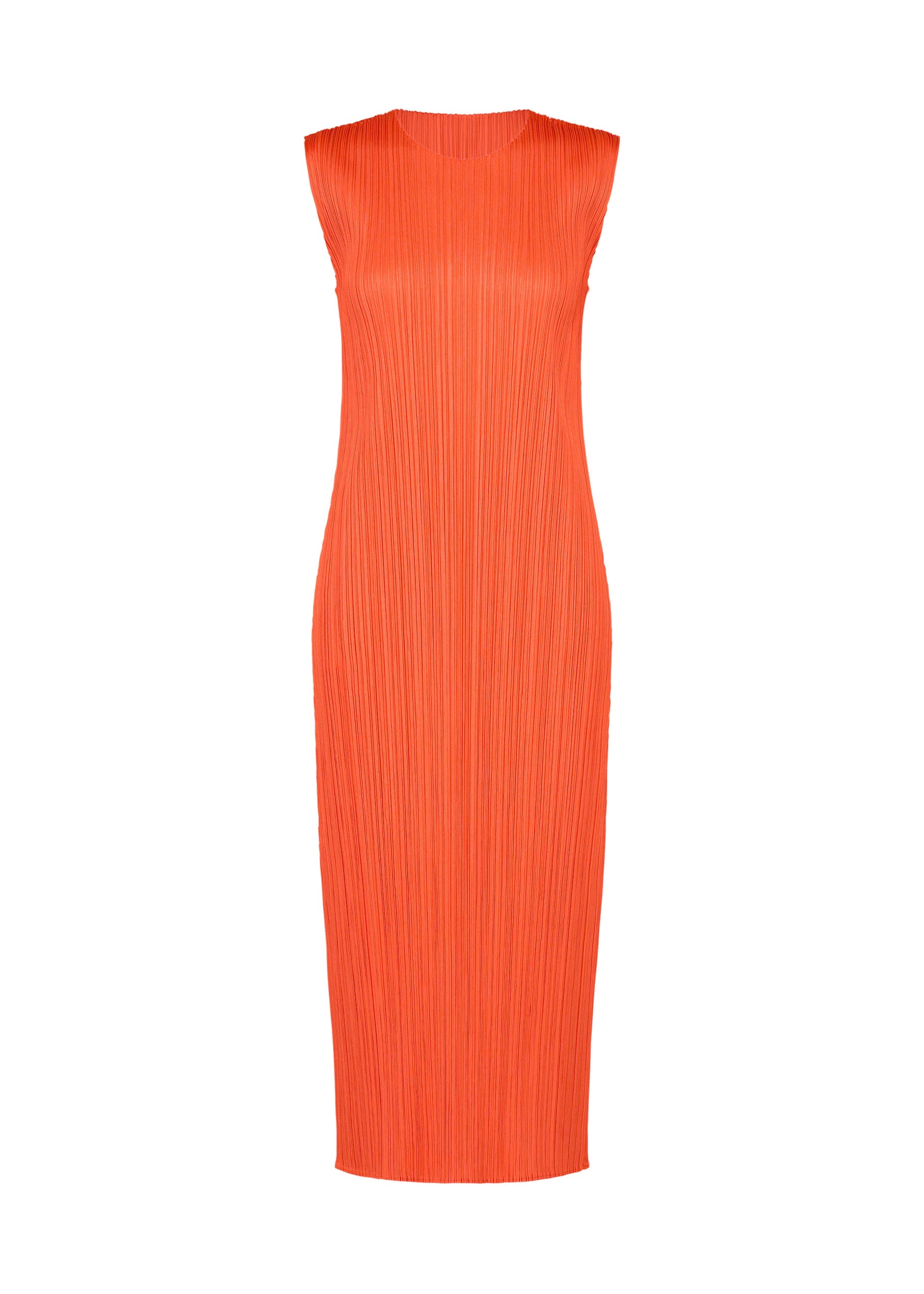 Zoomed view The MONTHLY COLORS : SEPTEMBER dress by PLEATS PLEASE ISSEY MIYAKE is a sleeveless, calf-length piece in a vibrant orange shade. Featuring a round, high neckline and vertical pleats throughout the entire fabric, this dress offers a slim, fitted silhouette with no visible embellishments or fastenings—making it an ideal choice for embracing gentle tones as you move through the changing seasons. - ORANGE （no.32）