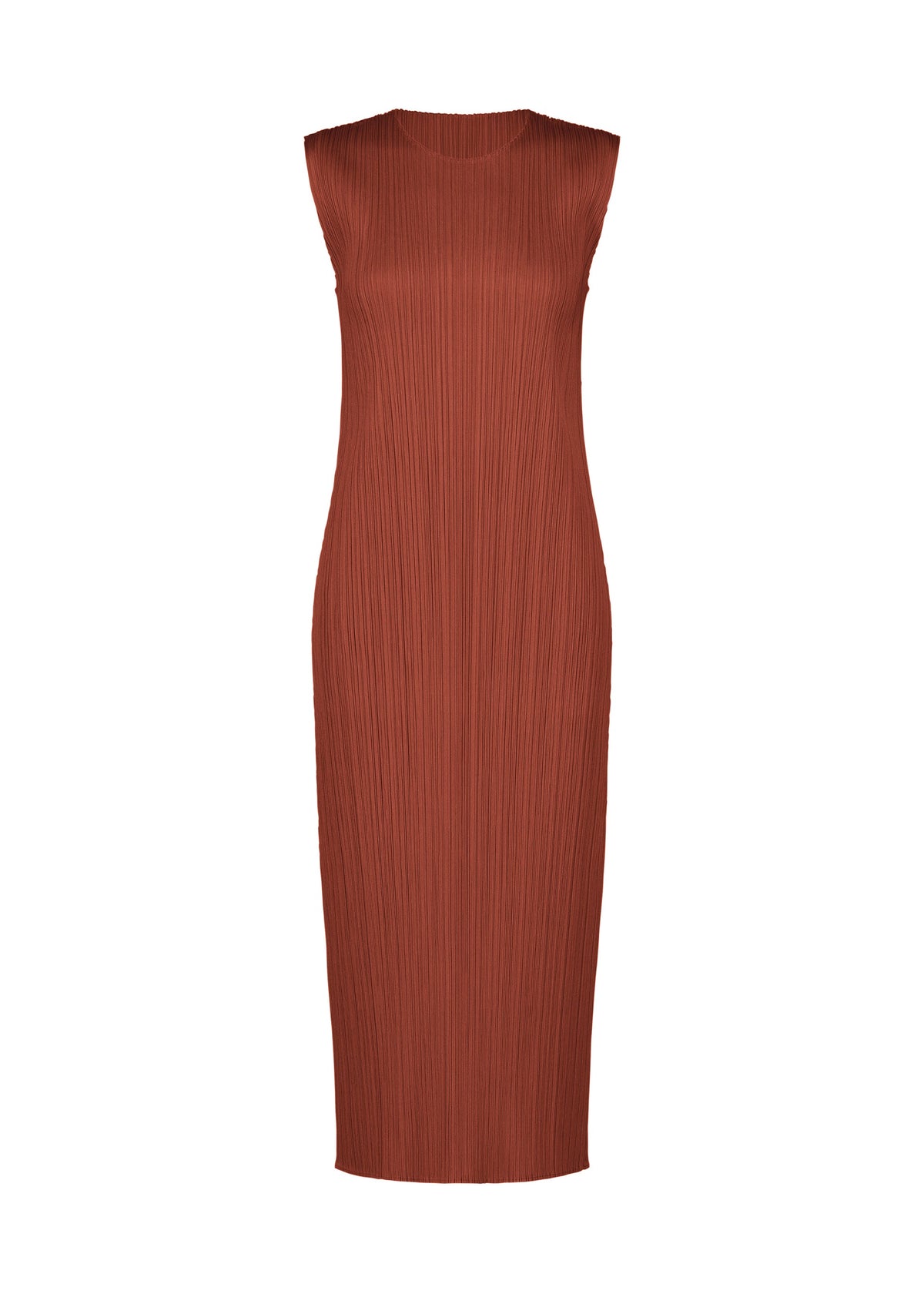 Introducing MONTHLY COLORS : SEPTEMBER by PLEATS PLEASE ISSEY MIYAKE—a sleeveless, rust-colored midi dress featuring a high neckline and pleated, textured fabric. Its gentle tones and simple, straight silhouette make it perfect for transitional seasons, while the clean design without visible embellishments ensures a timeless appeal. view 4 of 10